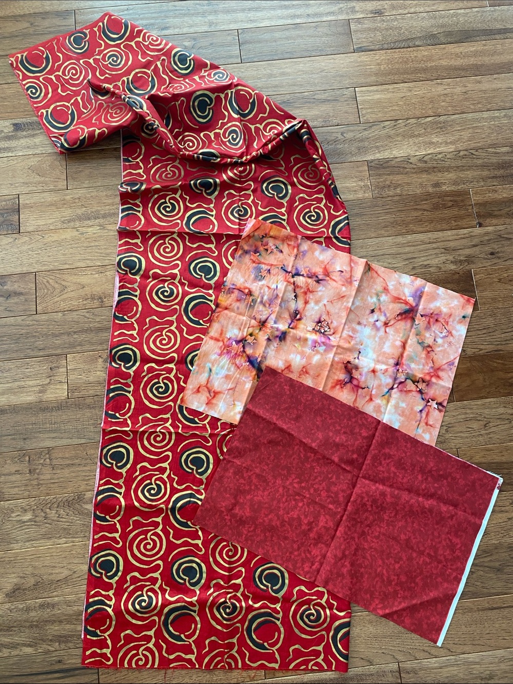 Almost 10 ft - Red abstract and tie-dye cotton fabric bundle